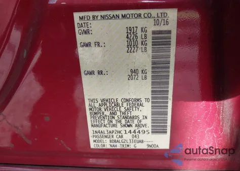 2017 Nissan Altima 2.5 S z USA, uszkodzony, nr VIN 1N4AL3AP2HC144495